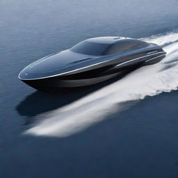 A modern and sleek speed boat design that incorporates the elegant lines, logo, and colors of a Hyundai sports car