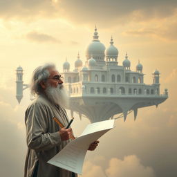 A mysterious image in light colors featuring a young European sage with a small beard and white hair, standing contemplatively against the backdrop of a fantastic palace