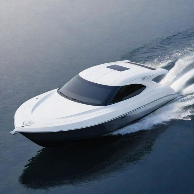 A modern and sleek speed boat design that incorporates the elegant lines, logo, and colors of a Hyundai sports car