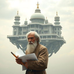 A mysterious image in light colors featuring a young European sage with a small beard and white hair, standing contemplatively against the backdrop of a fantastic palace