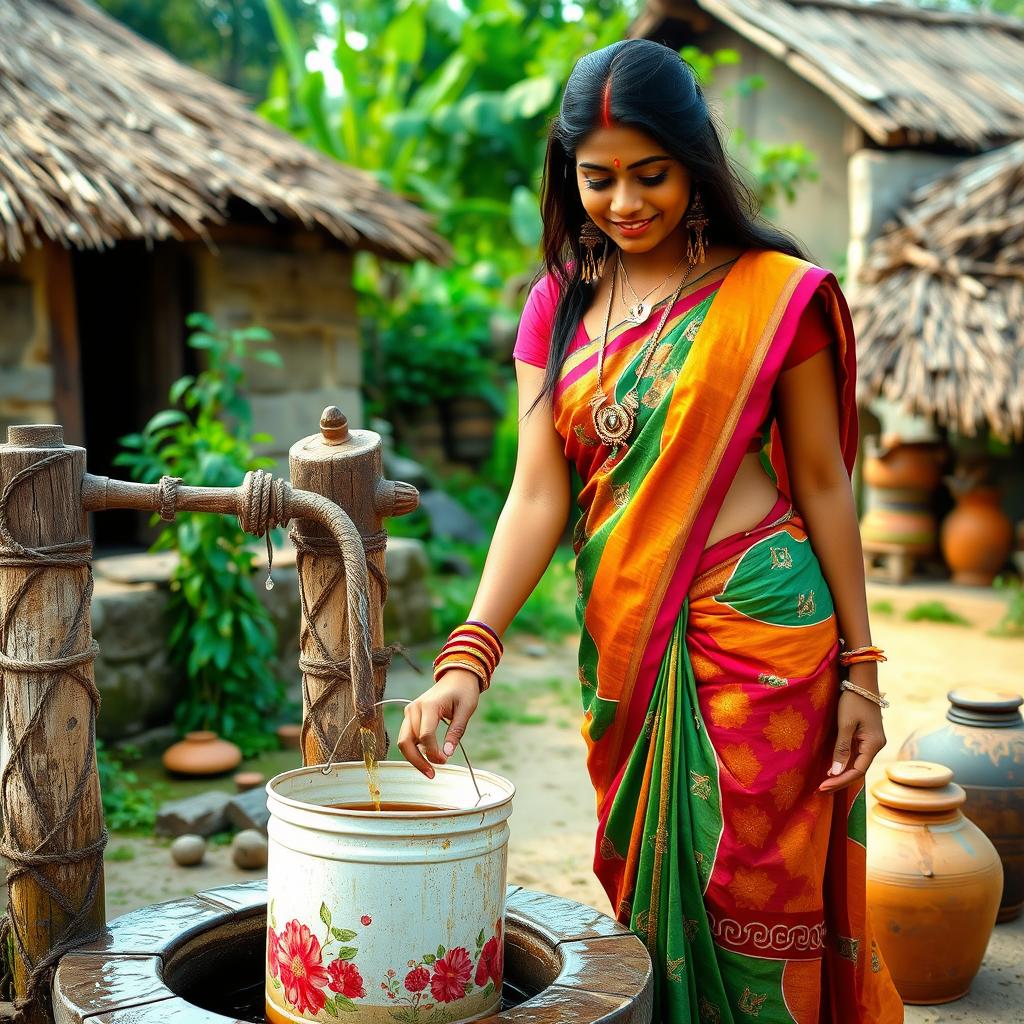 Indian woman in a traditional village setting, radiating beauty and grace