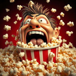 A vivid and expressive scene featuring a screaming face tearing through a bucket of popcorn