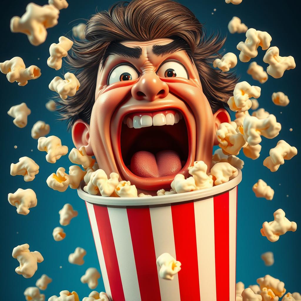 A vivid and expressive scene featuring a screaming face tearing through a bucket of popcorn