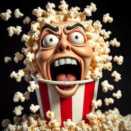 A vivid and expressive scene featuring a screaming face tearing through a bucket of popcorn