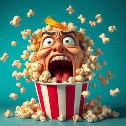 A vivid and expressive scene featuring a screaming face tearing through a bucket of popcorn