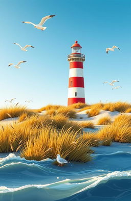 A picturesque illustration of a lighthouse located on the island of Sylt, capturing its iconic red and white striped design