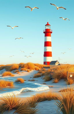 A picturesque illustration of a lighthouse located on the island of Sylt, capturing its iconic red and white striped design