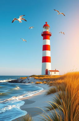 A picturesque illustration of a lighthouse located on the island of Sylt, capturing its iconic red and white striped design