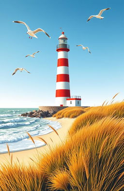 A picturesque illustration of a lighthouse located on the island of Sylt, capturing its iconic red and white striped design