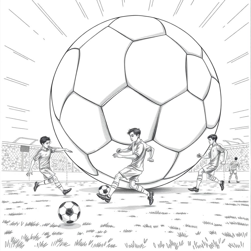 a surreal coloring page showcasing a team playing soccer with a giant soccer ball that almost fills the entire playing field