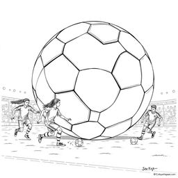 a surreal coloring page showcasing a team playing soccer with a giant soccer ball that almost fills the entire playing field