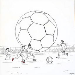 a surreal coloring page showcasing a team playing soccer with a giant soccer ball that almost fills the entire playing field