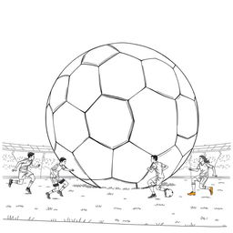 a surreal coloring page showcasing a team playing soccer with a giant soccer ball that almost fills the entire playing field