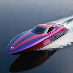 A vibrant and sleek speed boat design featuring the elegant lines, iconic logo, and distinct colors of a Mazda sports car