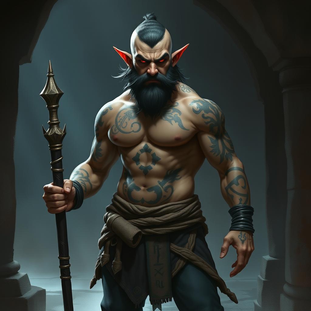 A sinister halfling monk warrior stands defiantly, exuding an aura of malevolence and power