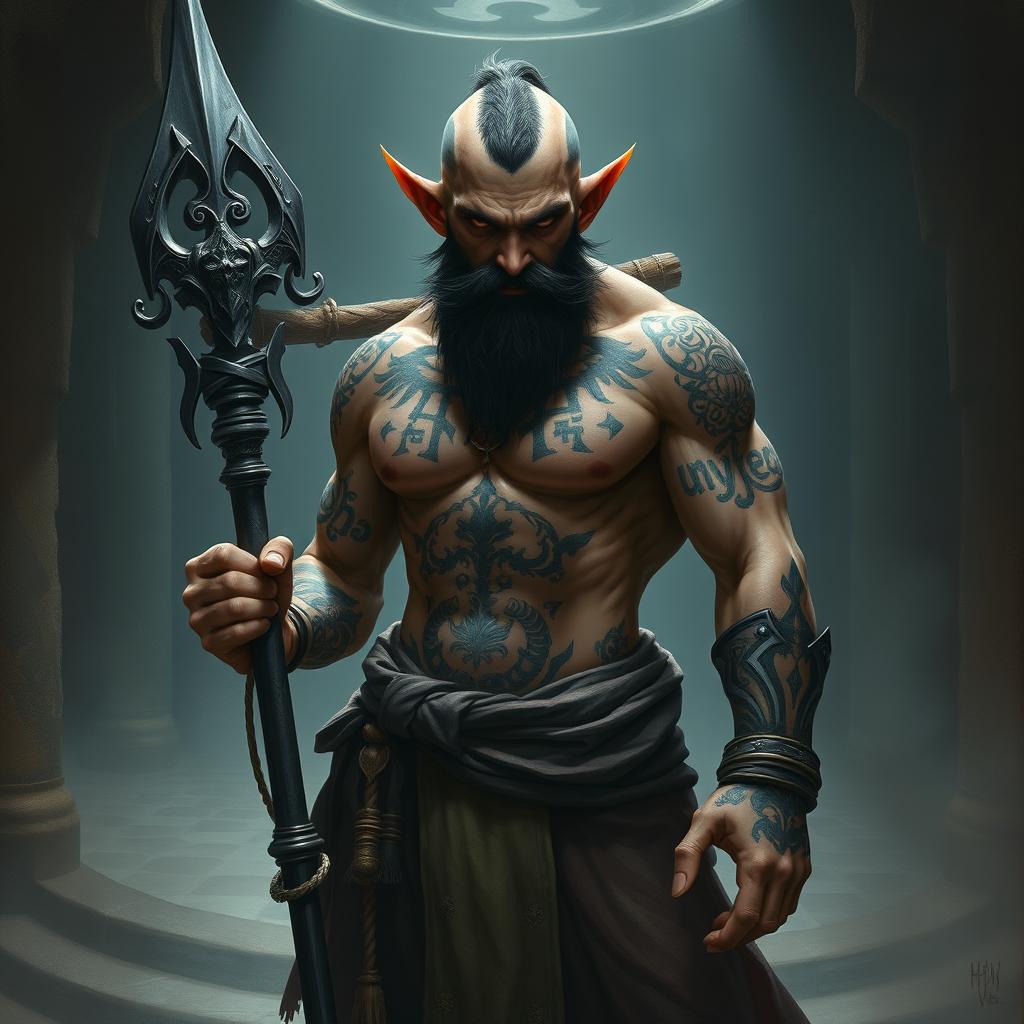 A sinister halfling monk warrior stands defiantly, exuding an aura of malevolence and power