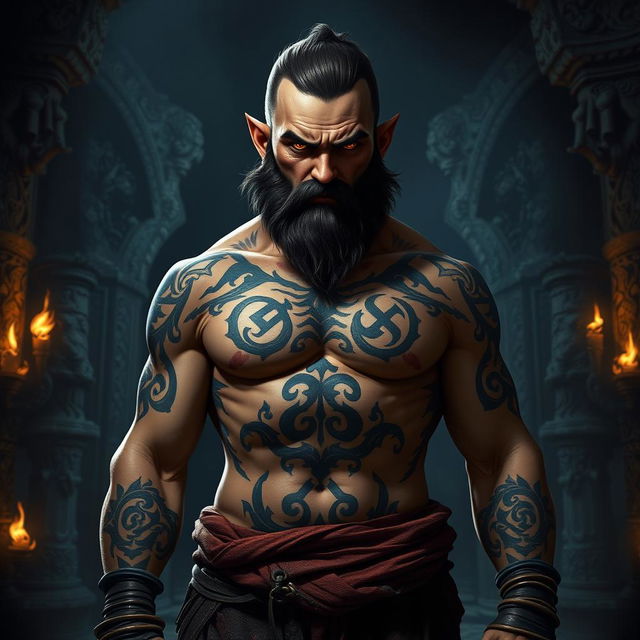 A sinister halfling monk warrior stands with an air of menace, his shirtless torso revealing intricate tattoos and arcane runes that pulse with dark magic