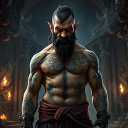 A sinister halfling monk warrior stands with an air of menace, his shirtless torso revealing intricate tattoos and arcane runes that pulse with dark magic