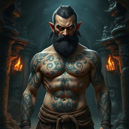 A sinister halfling monk warrior stands with an air of menace, his shirtless torso revealing intricate tattoos and arcane runes that pulse with dark magic