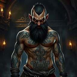 A sinister halfling monk warrior stands with an air of menace, his shirtless torso revealing intricate tattoos and arcane runes that pulse with dark magic