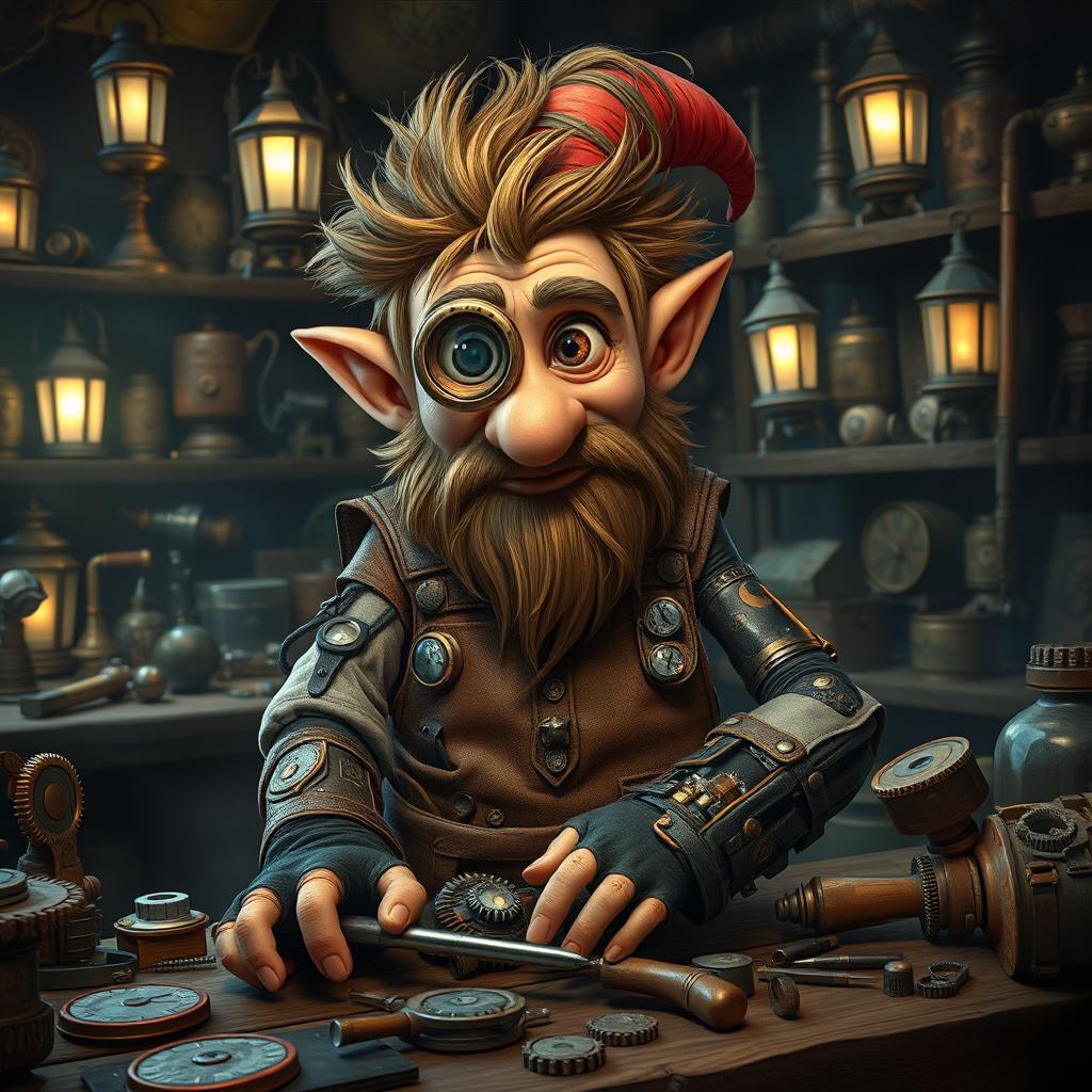 A one-armed, one-eyed gnome artificer with intricate steampunk prosthetics and gadgets