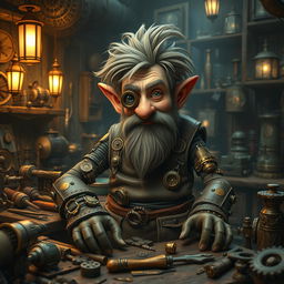 A one-armed, one-eyed gnome artificer with intricate steampunk prosthetics and gadgets