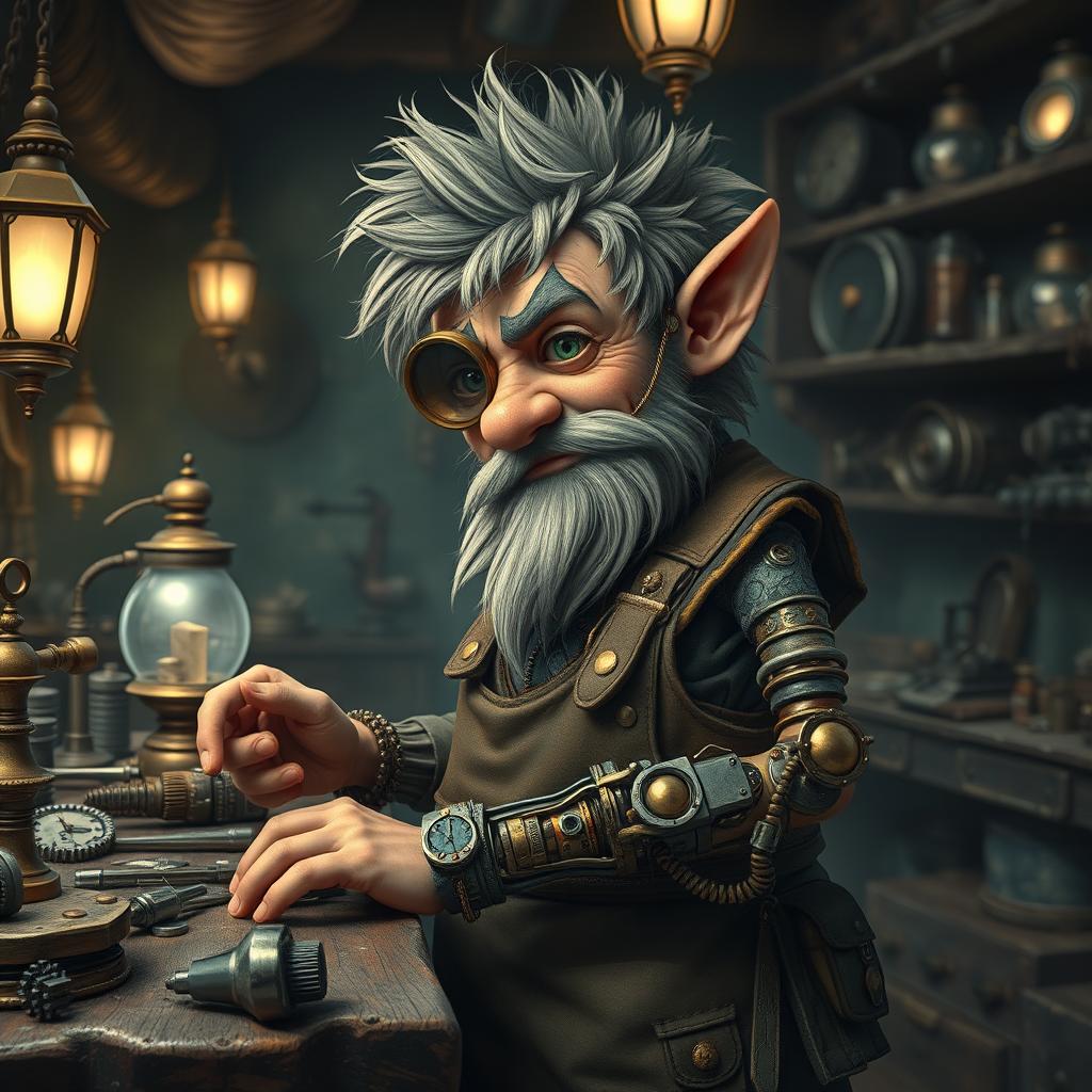 A one-armed, one-eyed gnome artificer with intricate steampunk prosthetics and gadgets