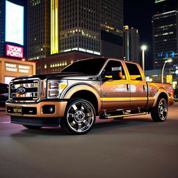 A 2015 Ford F-350 Crew Cab King Ranch, modified to have a slammed, low ride height