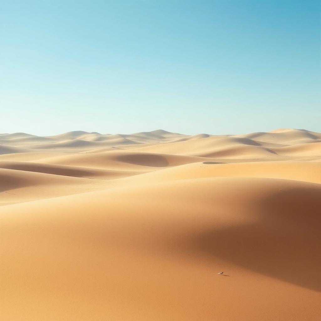 A minimalistic interpretation of the desert landscape from the novel Dune, featuring vast, rolling sand dunes under a clear blue sky