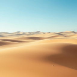 A minimalistic interpretation of the desert landscape from the novel Dune, featuring vast, rolling sand dunes under a clear blue sky