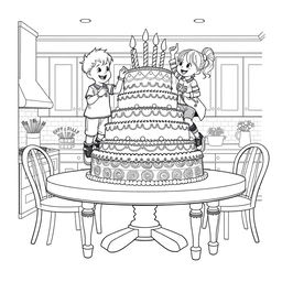 a surreal coloring page illustrating two children on top of a table, decorating a giant birthday cake that takes up the entire kitchen table