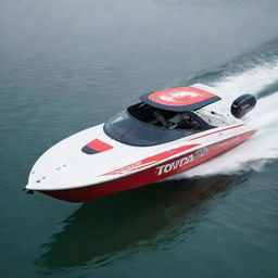 A versatile and stylish off-shore speed boat that incorporates the design elements, colors, and logo of a Toyota vehicle