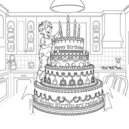 a surreal coloring page illustrating two children on top of a table, decorating a giant birthday cake that takes up the entire kitchen table