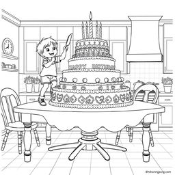 a surreal coloring page illustrating two children on top of a table, decorating a giant birthday cake that takes up the entire kitchen table