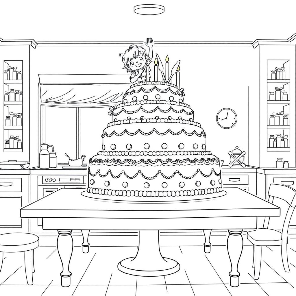 a surreal coloring page illustrating two children on top of a table, decorating a giant birthday cake that takes up the entire kitchen table