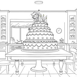 a surreal coloring page illustrating two children on top of a table, decorating a giant birthday cake that takes up the entire kitchen table