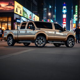 A 2015 Ford F-350 Crew Cab King Ranch, modified to have a slammed, low ride height, with the underbody visibly scraping against the ground