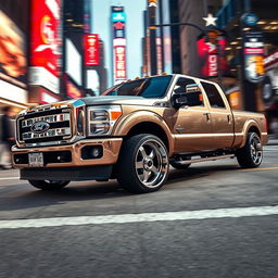 A 2015 Ford F-350 Crew Cab King Ranch, modified to have a slammed, low ride height, with the underbody visibly scraping against the ground