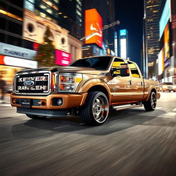 A 2015 Ford F-350 Crew Cab King Ranch, modified to have a slammed, low ride height, with the underbody visibly scraping against the ground