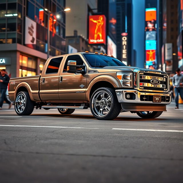 A 2015 Ford F-350 Crew Cab King Ranch, modified to have a slammed, low ride height, with the underbody visibly scraping against the ground