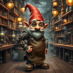 A gnome artificer with one arm and one eye, standing confidently in a bustling steampunk workshop