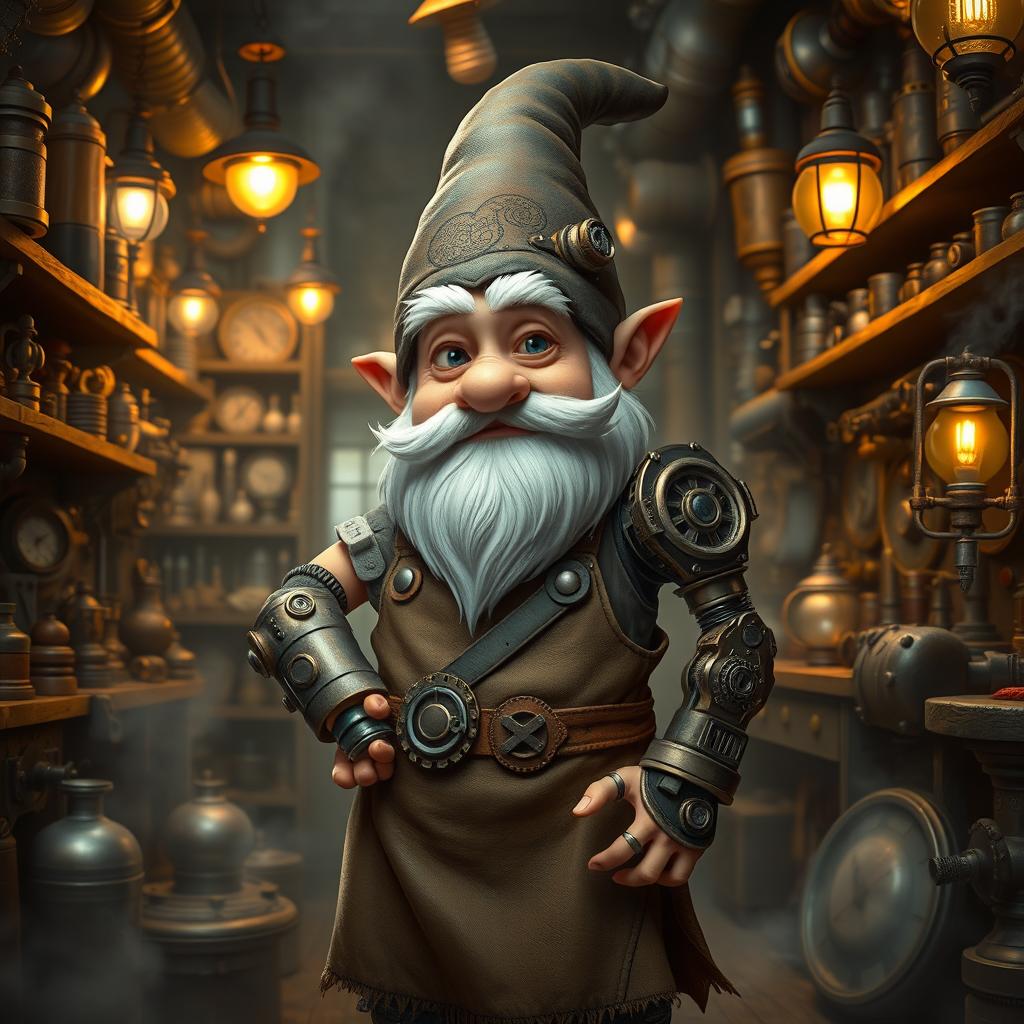 A gnome artificer with one arm and one eye, standing confidently in a bustling steampunk workshop