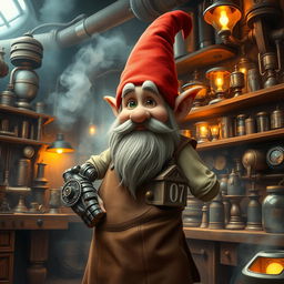 A gnome artificer with one arm and one eye, standing confidently in a bustling steampunk workshop