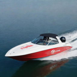 A versatile and stylish off-shore speed boat that incorporates the design elements, colors, and logo of a Toyota vehicle