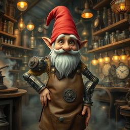 A gnome artificer with one arm and one eye, standing confidently in a bustling steampunk workshop