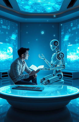 A serene setting depicting a person and an AI sitting together in a modern futuristic room, surrounded by holographic screens and floating digital data