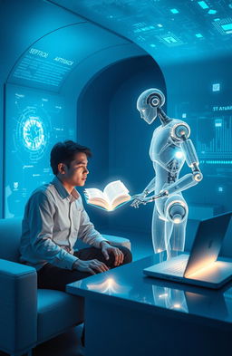 A serene setting depicting a person and an AI sitting together in a modern futuristic room, surrounded by holographic screens and floating digital data