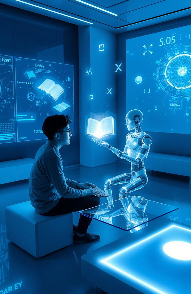 A serene setting depicting a person and an AI sitting together in a modern futuristic room, surrounded by holographic screens and floating digital data