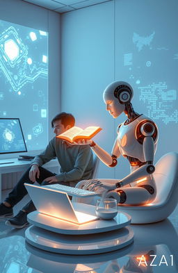 A serene setting depicting a person and an AI sitting together in a modern futuristic room, surrounded by holographic screens and floating digital data