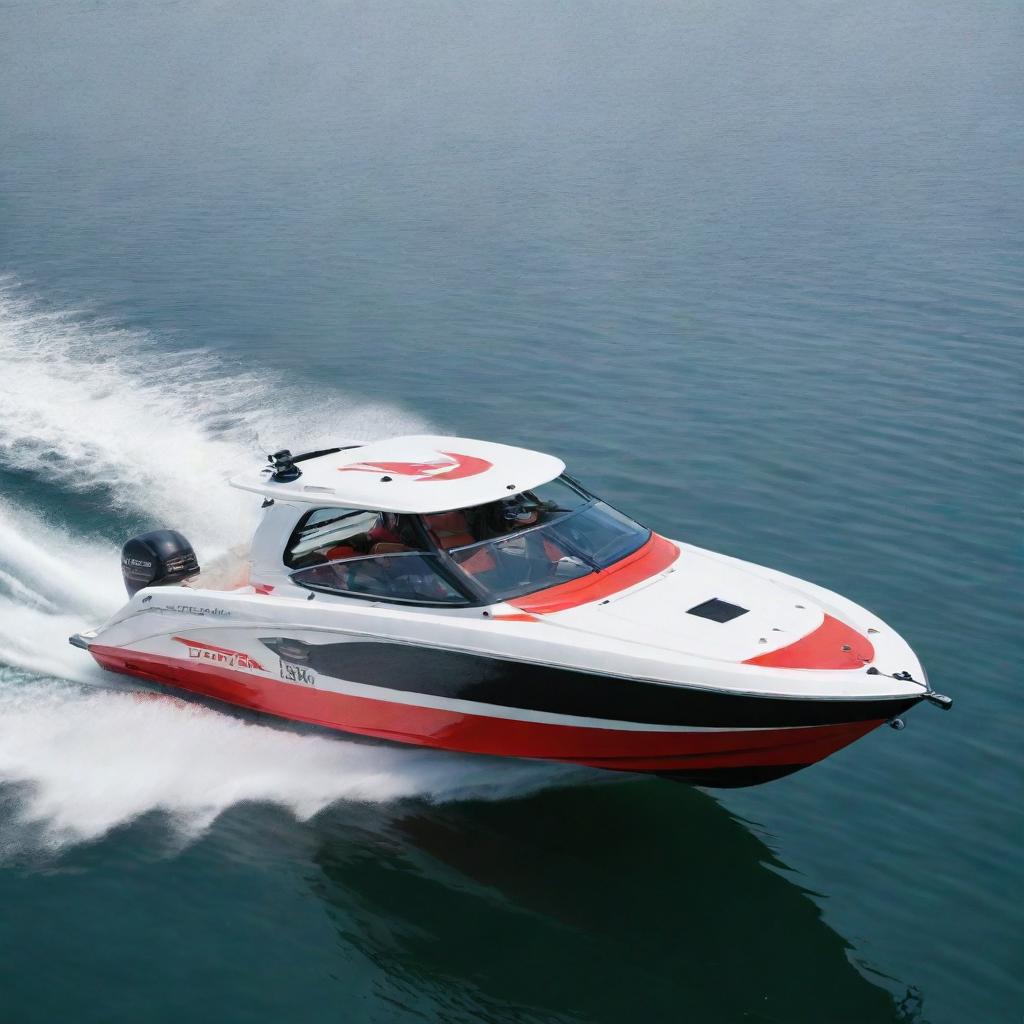 A versatile and stylish off-shore speed boat that incorporates the design elements, colors, and logo of a Toyota vehicle